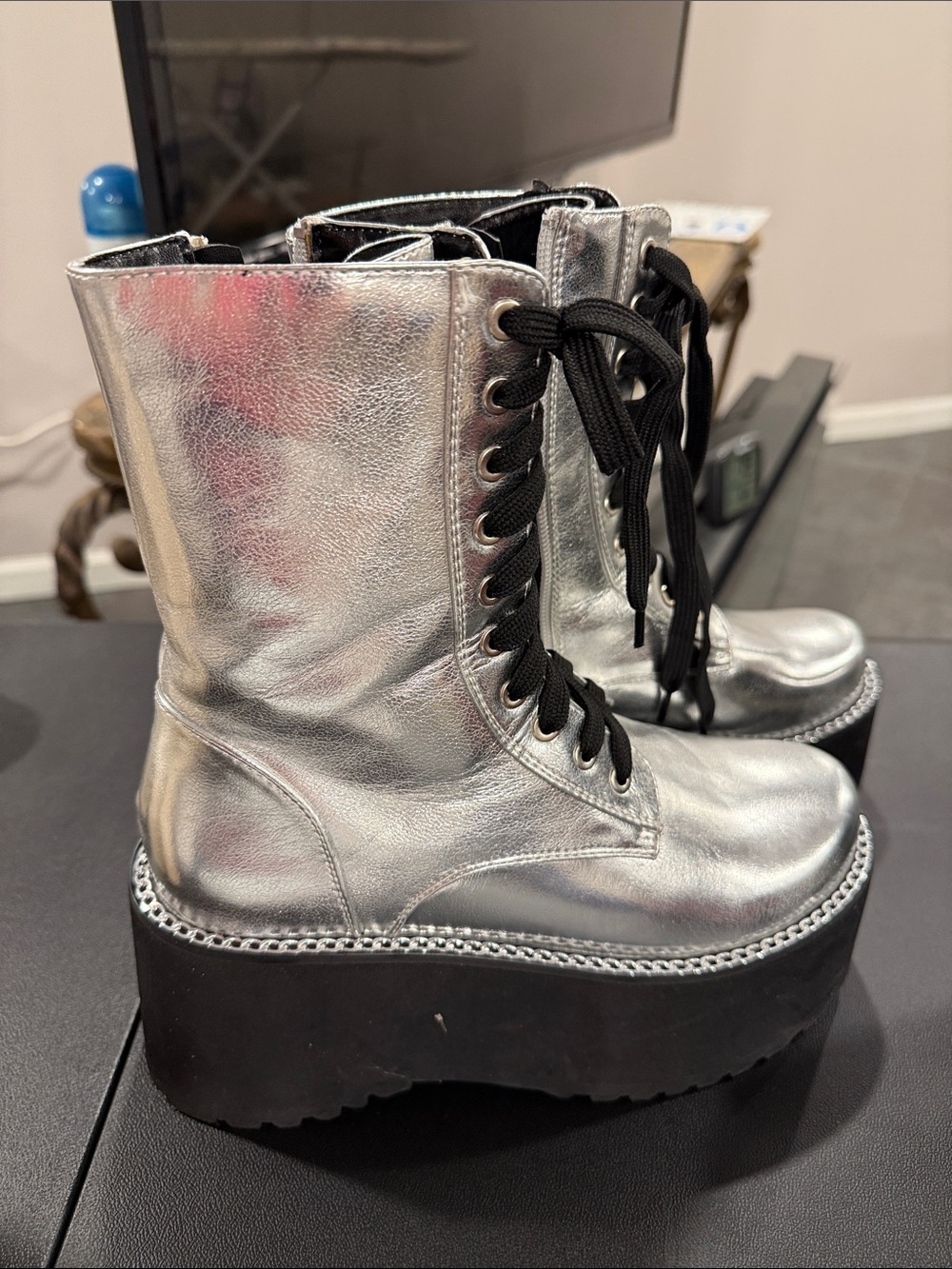 Metallic Silver Lace-Up Platform Combat Boots for Women